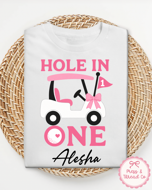 Hole In One Birthday Shirt Girl, Golf First Birthday Outfit, Pink Golf Cart Tee, Personalized 1st Birthday Shirt, Baby Girl Golf Theme